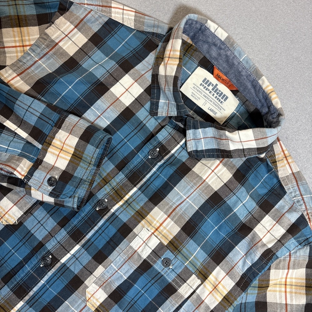 Urban Pipeline Shirt Mens Large Blue Red Plaid Roll Tab Long Sleeve Button Up